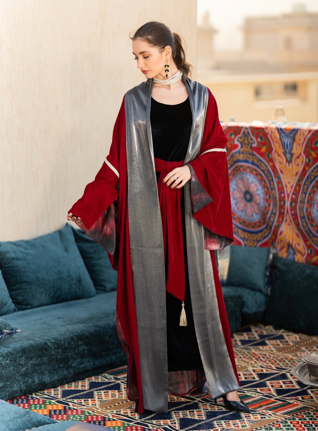 Burgundy x silver royal kaftan